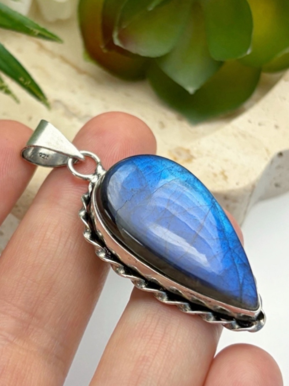 Blue Labradorite Pendant Pear Boho Southwest Sterling Silver 925 Overlay New